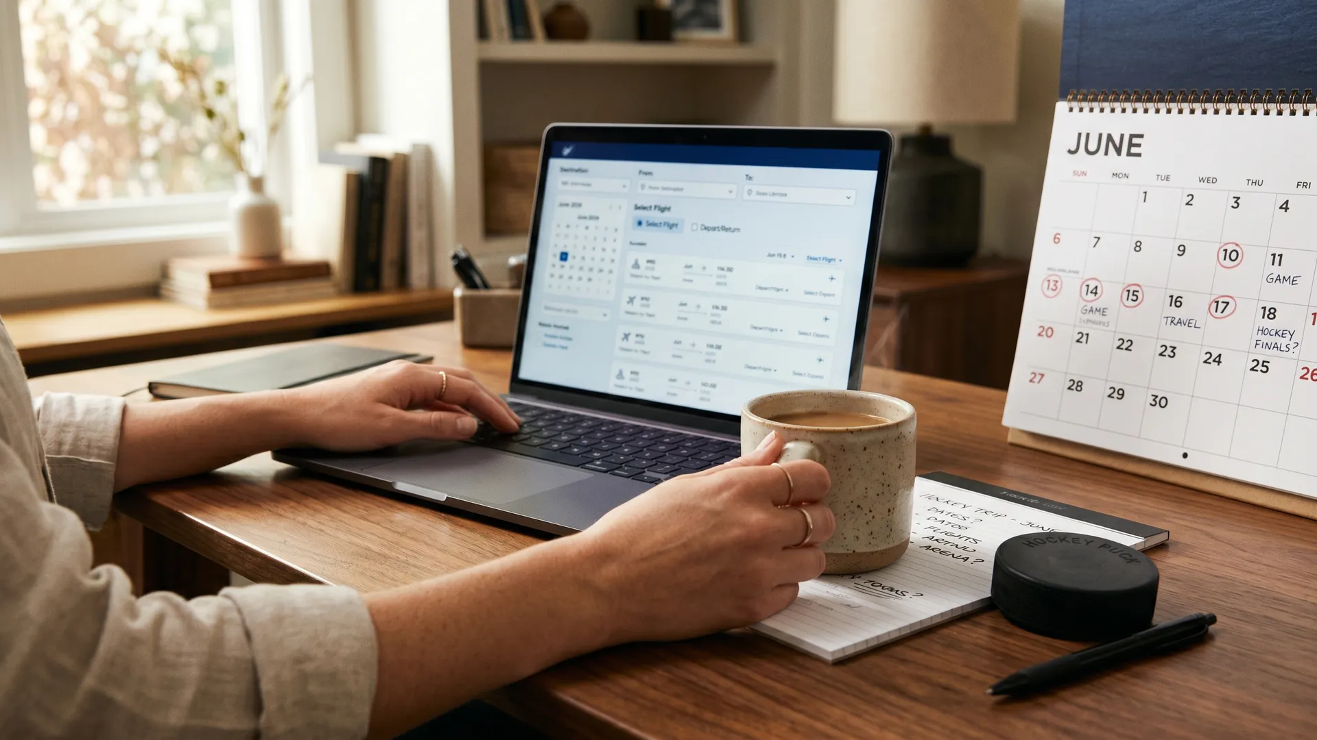 A person planning a Stanley Cup Final trip on a laptop with a flight booking calendar open, a June wall calendar with key game dates circled, a notebook with hockey trip questions, a coffee mug, and a hockey puck on a wooden desk.