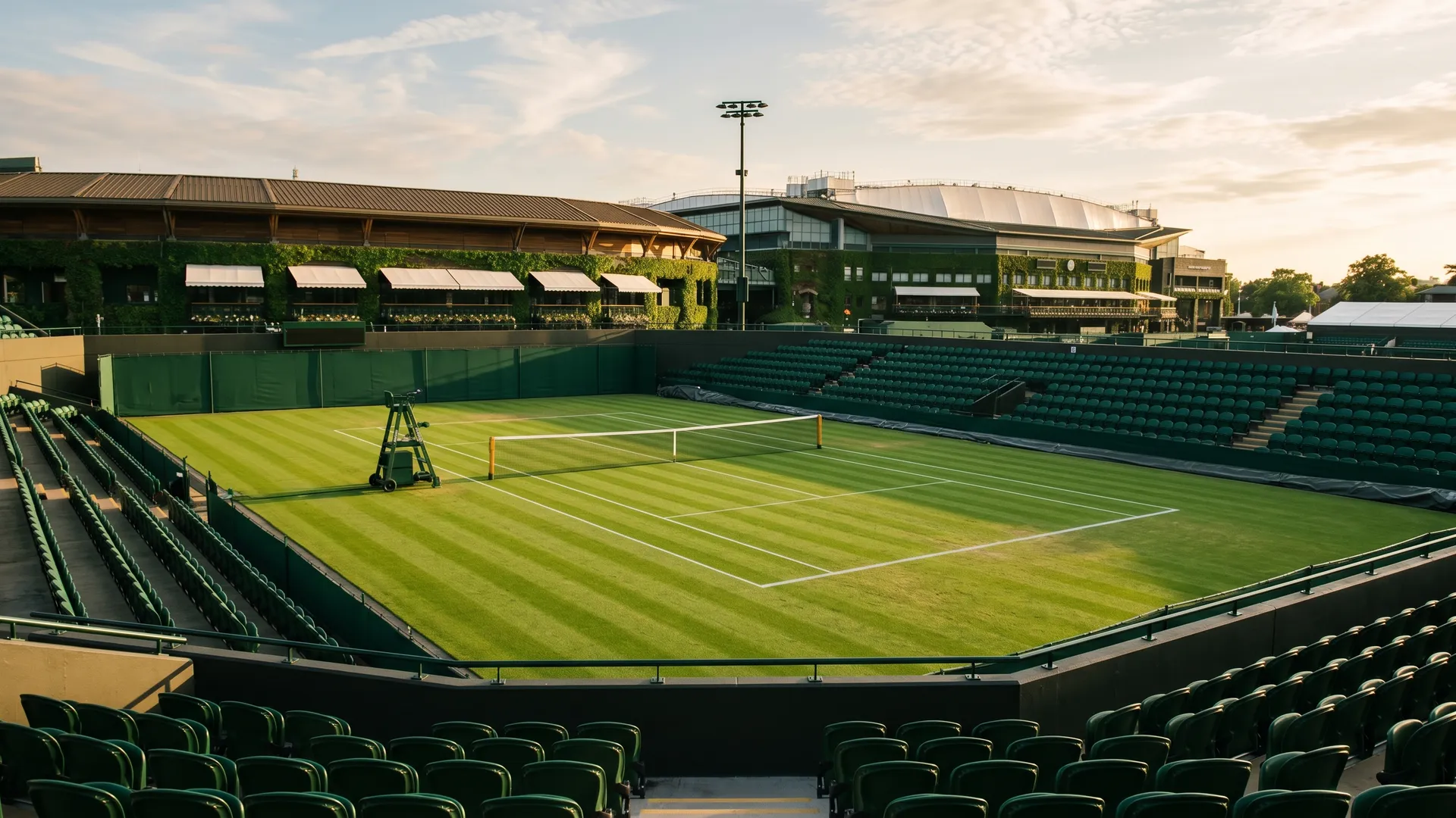 Empty Wimbledon grass tennis court at golden hour with dark green spectator seating and ivy-covered exterior buildings