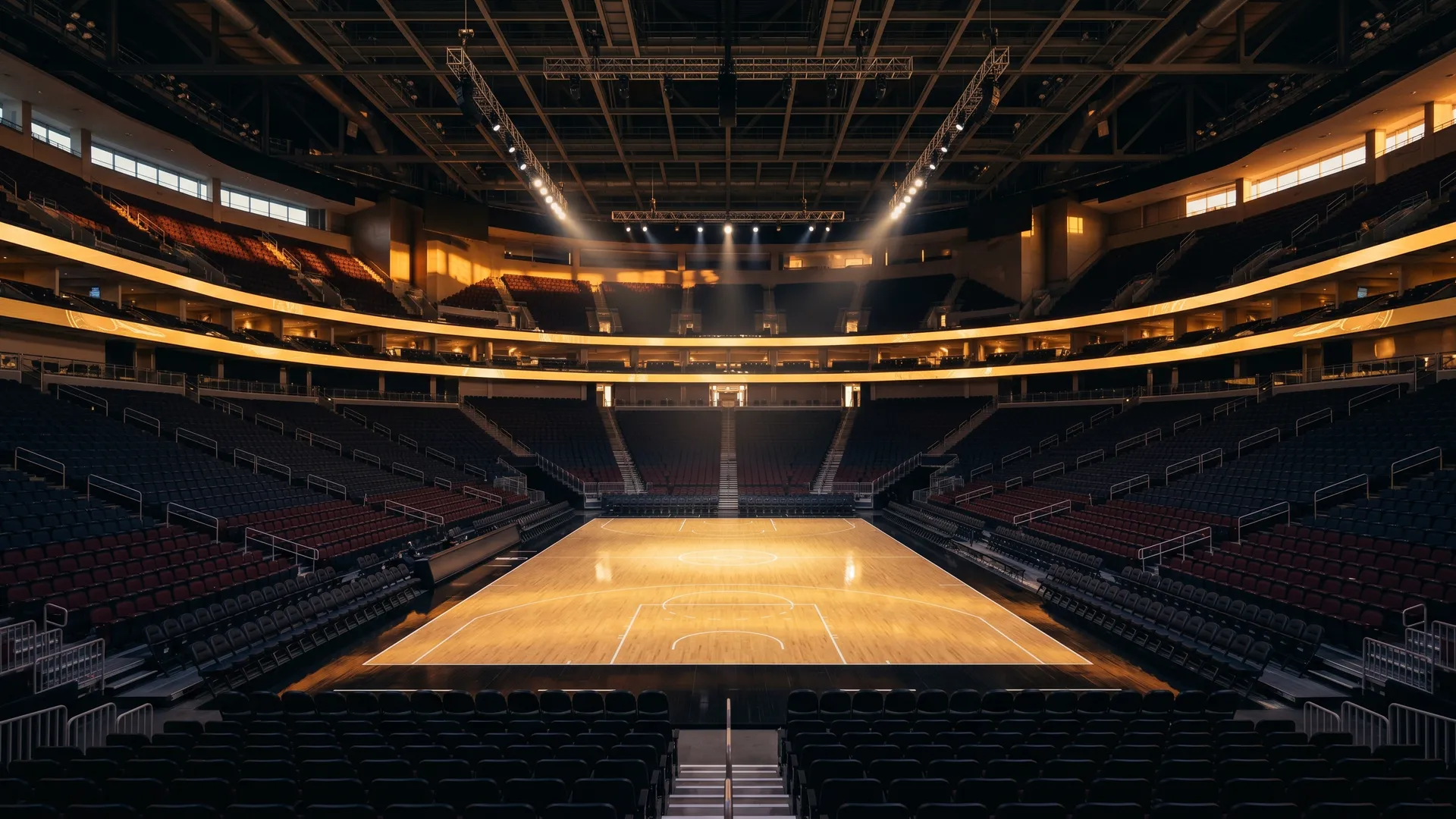 Empty NBA-style basketball arena with polished hardwood court at golden hour, championship-finale spotlight feel, no logos or branding