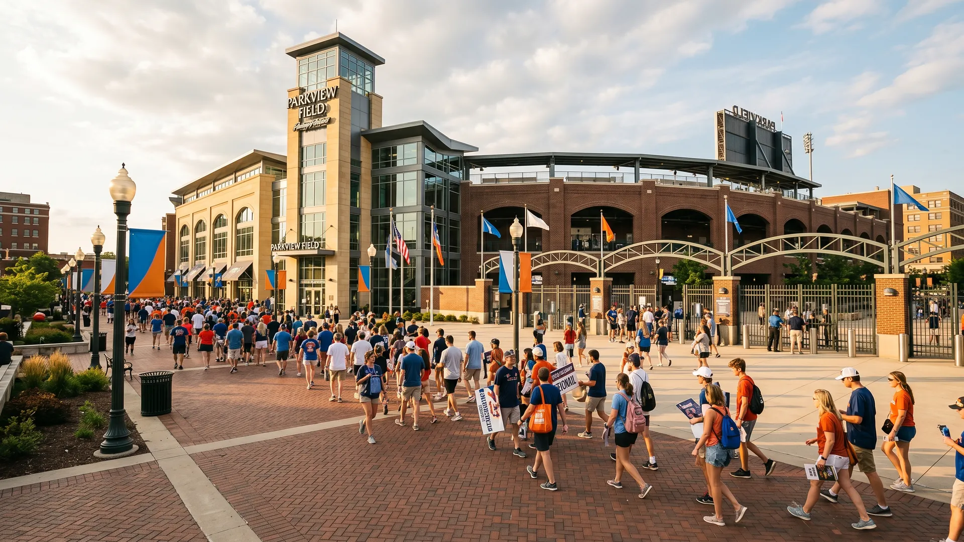Fans walking through the entrance plaza of a modern downtown American baseball stadium during a major college championship event in early summer, with championship banners and flags lining the brick walkway at golden hour