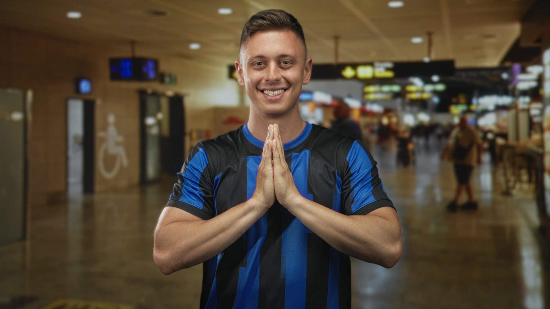 Soccer fan in jersey at an airport terminal during multi-city sports travel