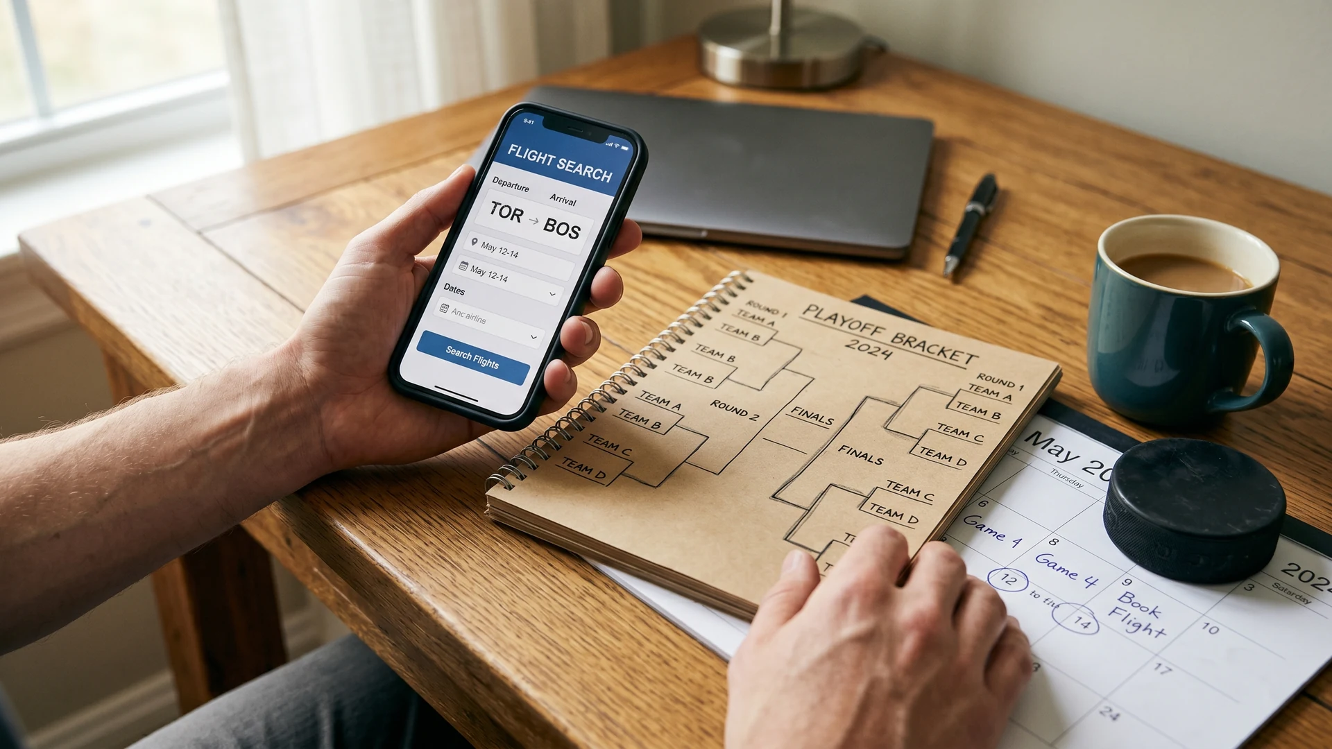 Hands at a wooden desk with a smartphone showing a flight booking app and a paper notebook with a hand-drawn hockey playoff bracket
