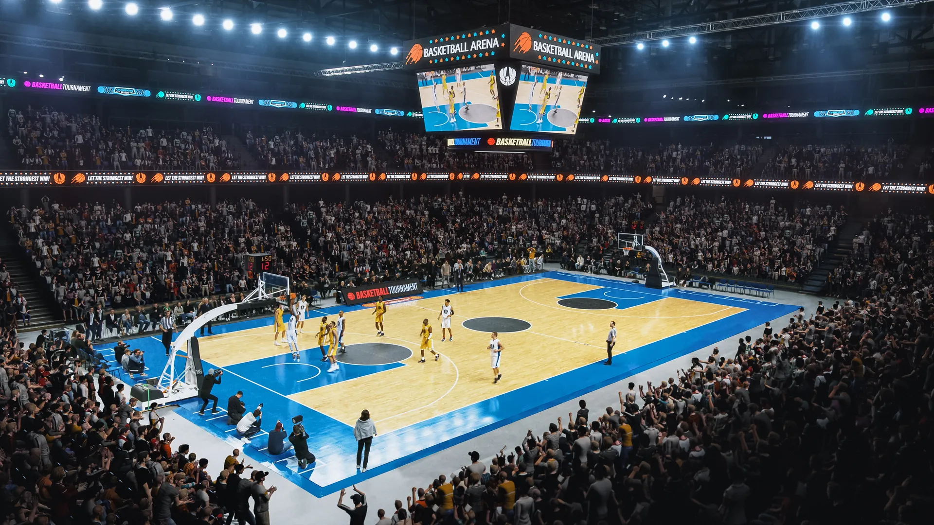 Packed basketball arena during a tournament game
