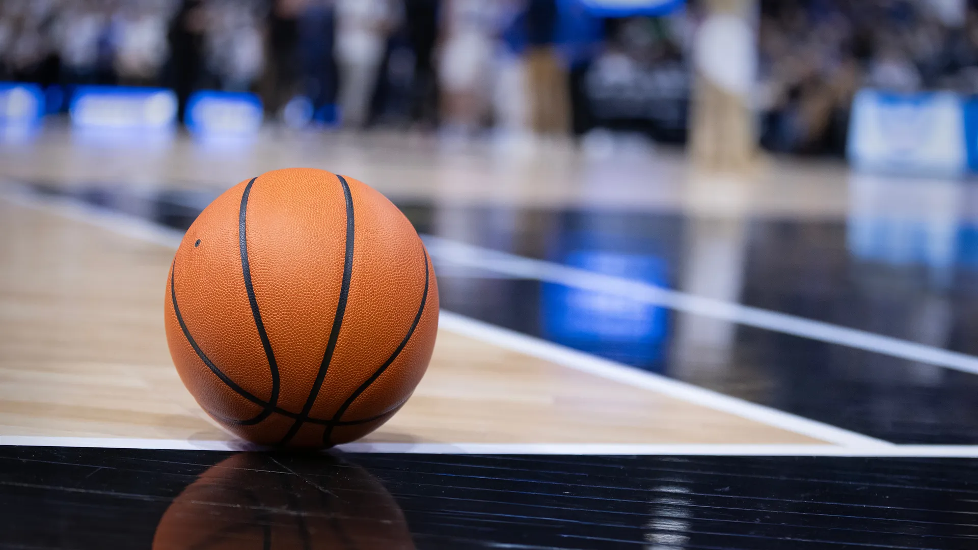 Basketball on an arena court before a playoff game