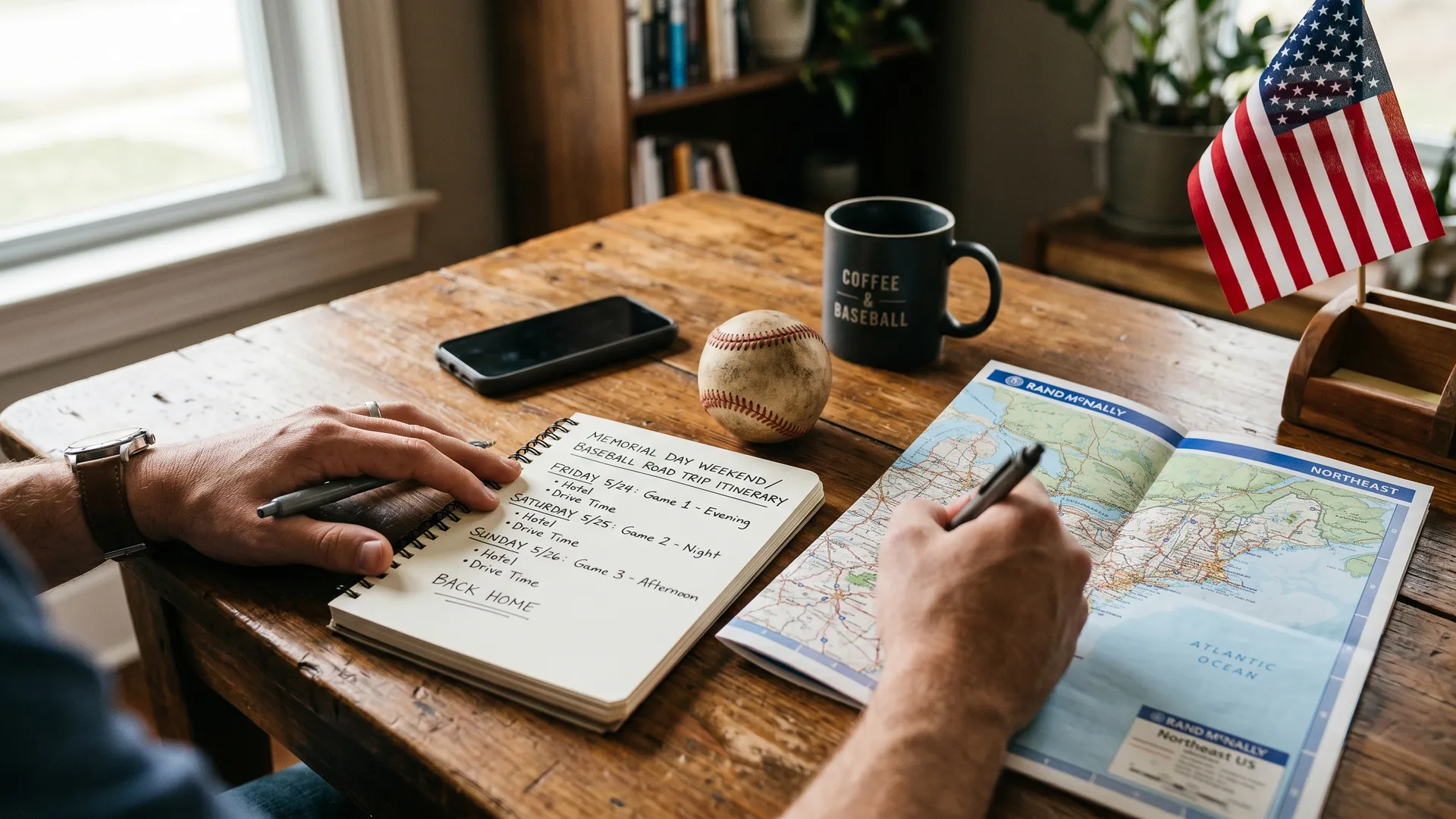 Hands at a wooden desk with a baseball, scorecard notebook, and a road map open to the Northeast, planning a Memorial Day weekend ballpark trip