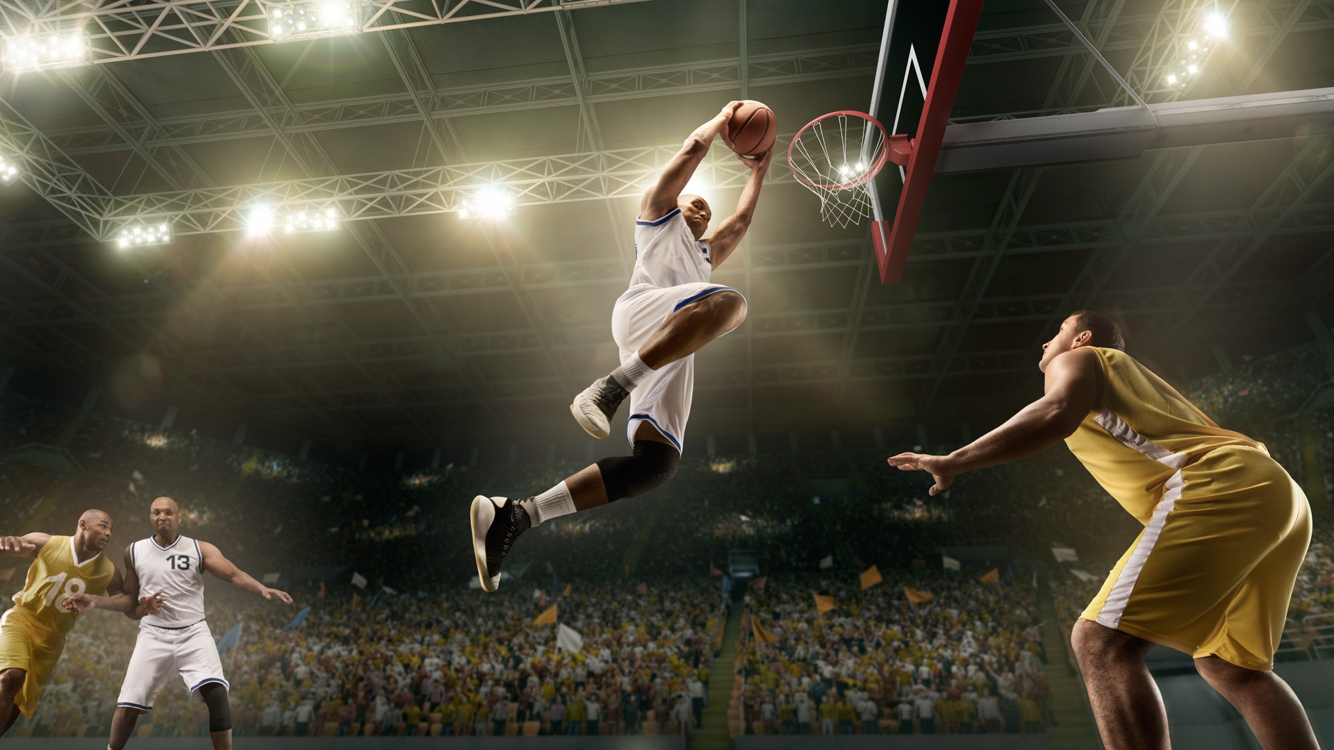 Basketball player dunking in a professional arena for NBA All-Star Weekend travel
