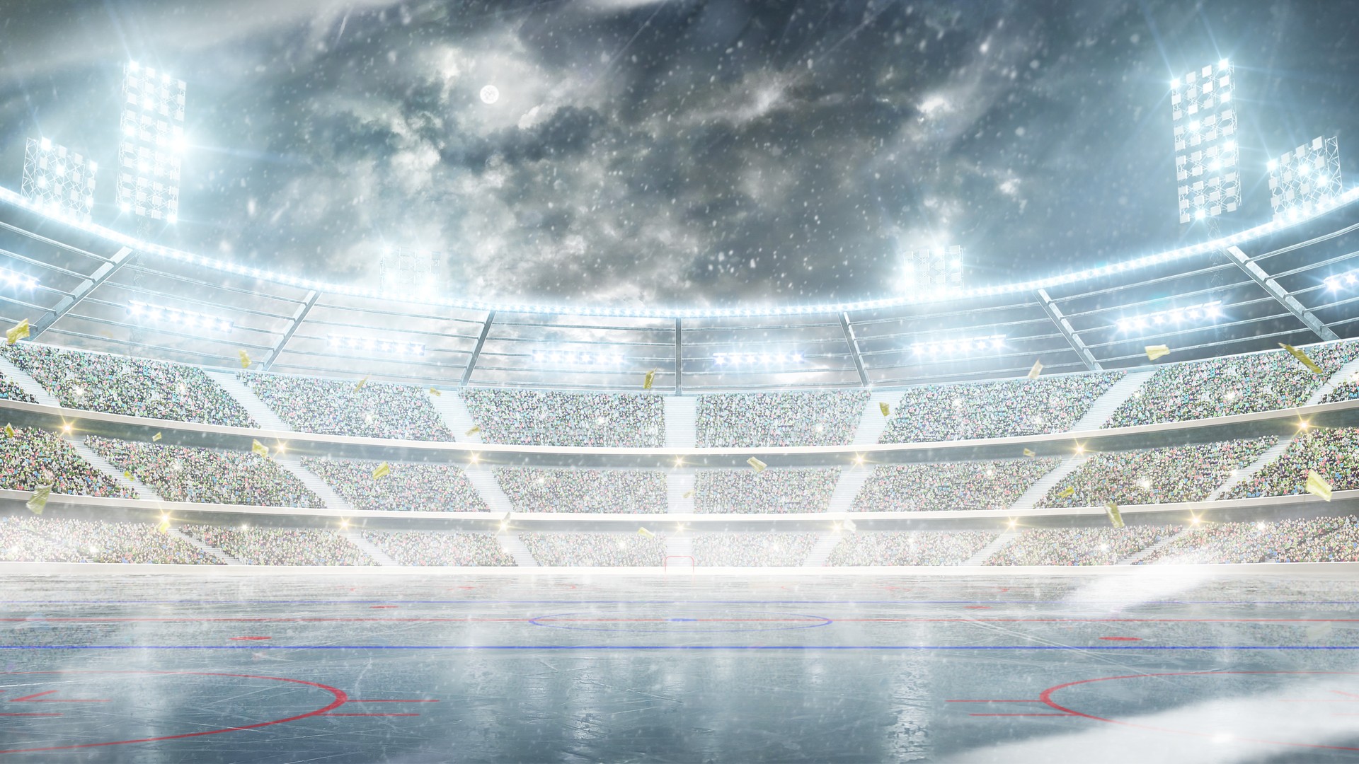 Outdoor winter hockey stadium rink with snowfall for NHL outdoor games travel