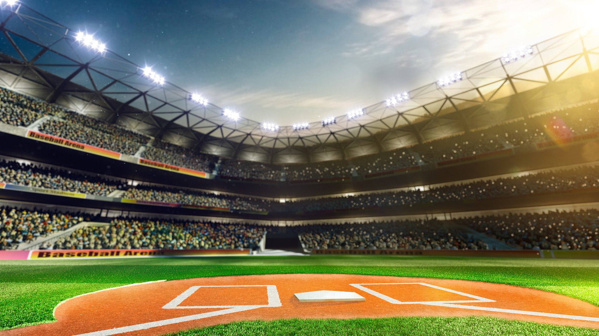 Baseball stadium in bright summer sunlight for a summer sports travel calendar
