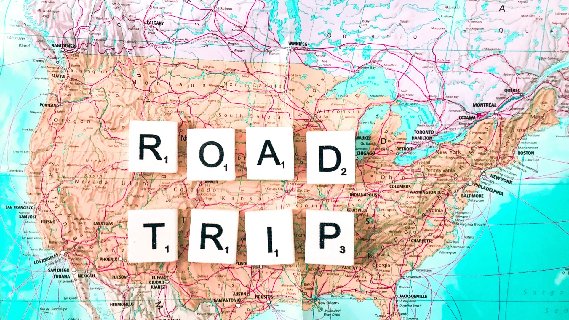 Road trip map across the United States for an East Coast MLB ballpark tour
