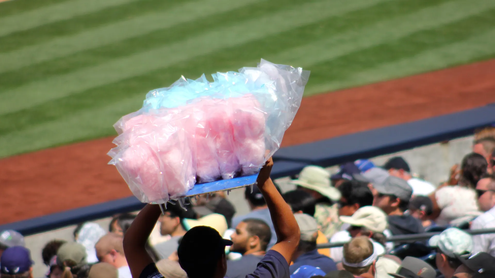 Cotton candy vendor in the stands at a baseball game for a minor league ballpark road trip