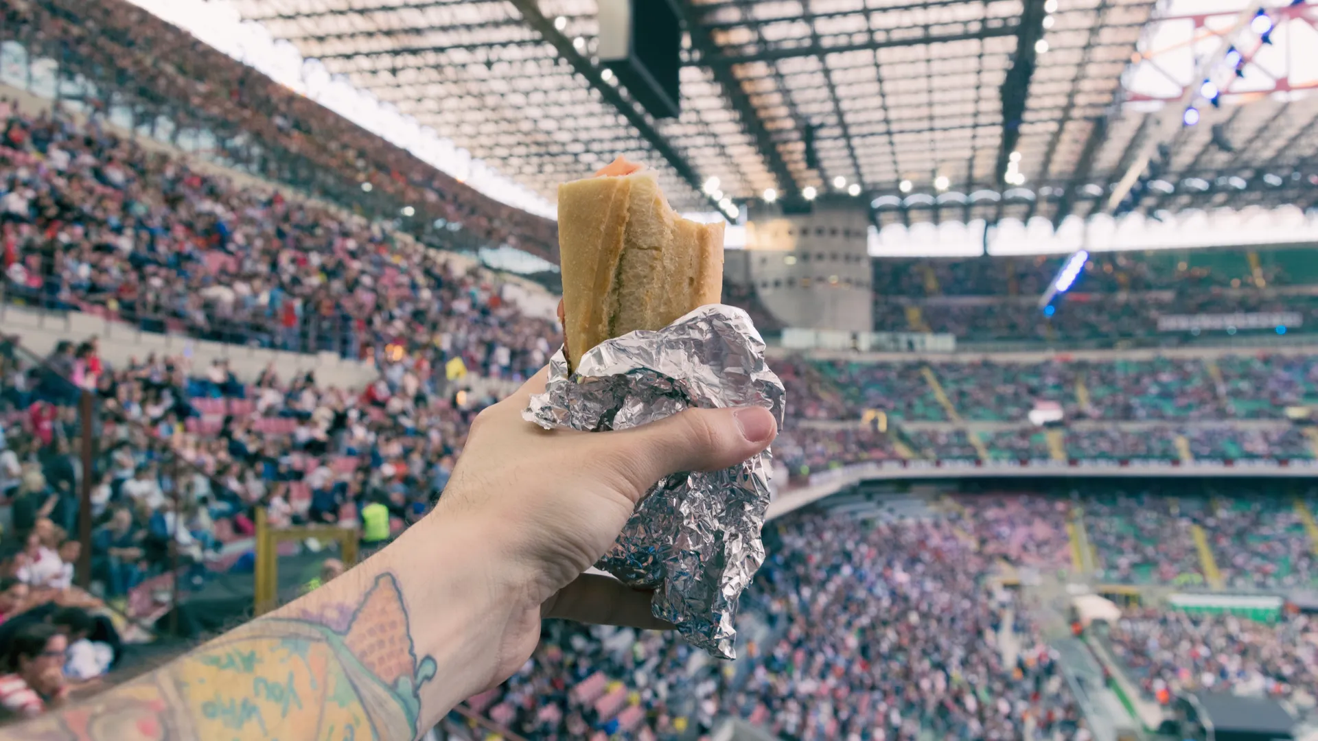 Hand holding a hot dog in a crowded baseball stadium