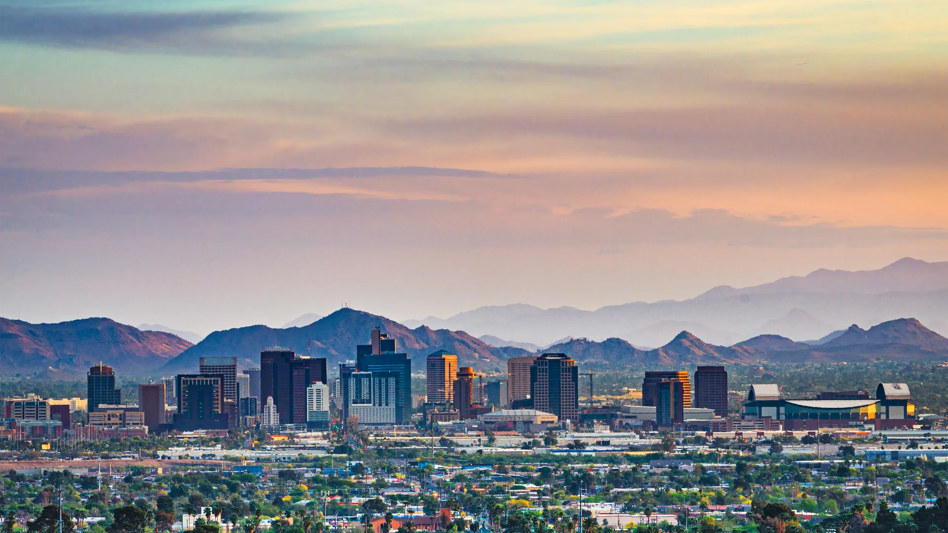 Phoenix Arizona downtown skyline at sunset for a Phoenix sports travel guide