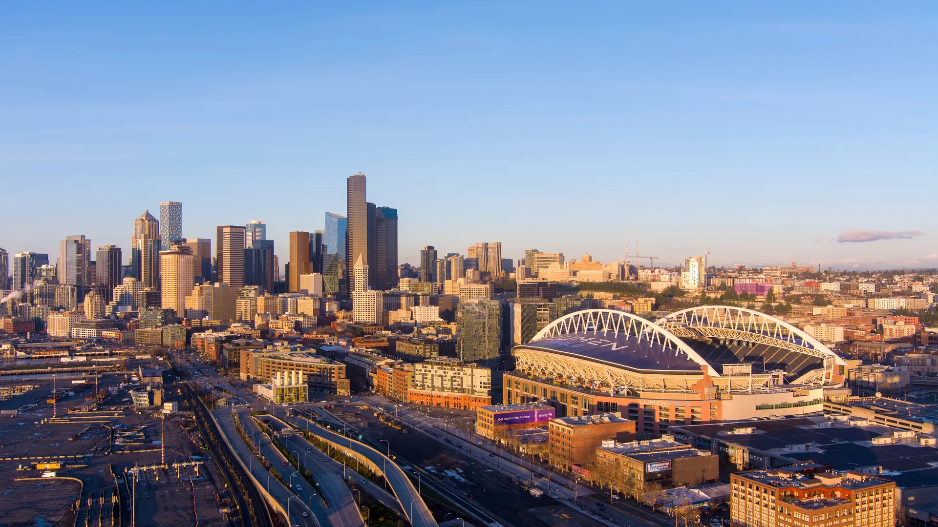 Downtown Seattle skyline at dusk for a Seattle sports travel guide