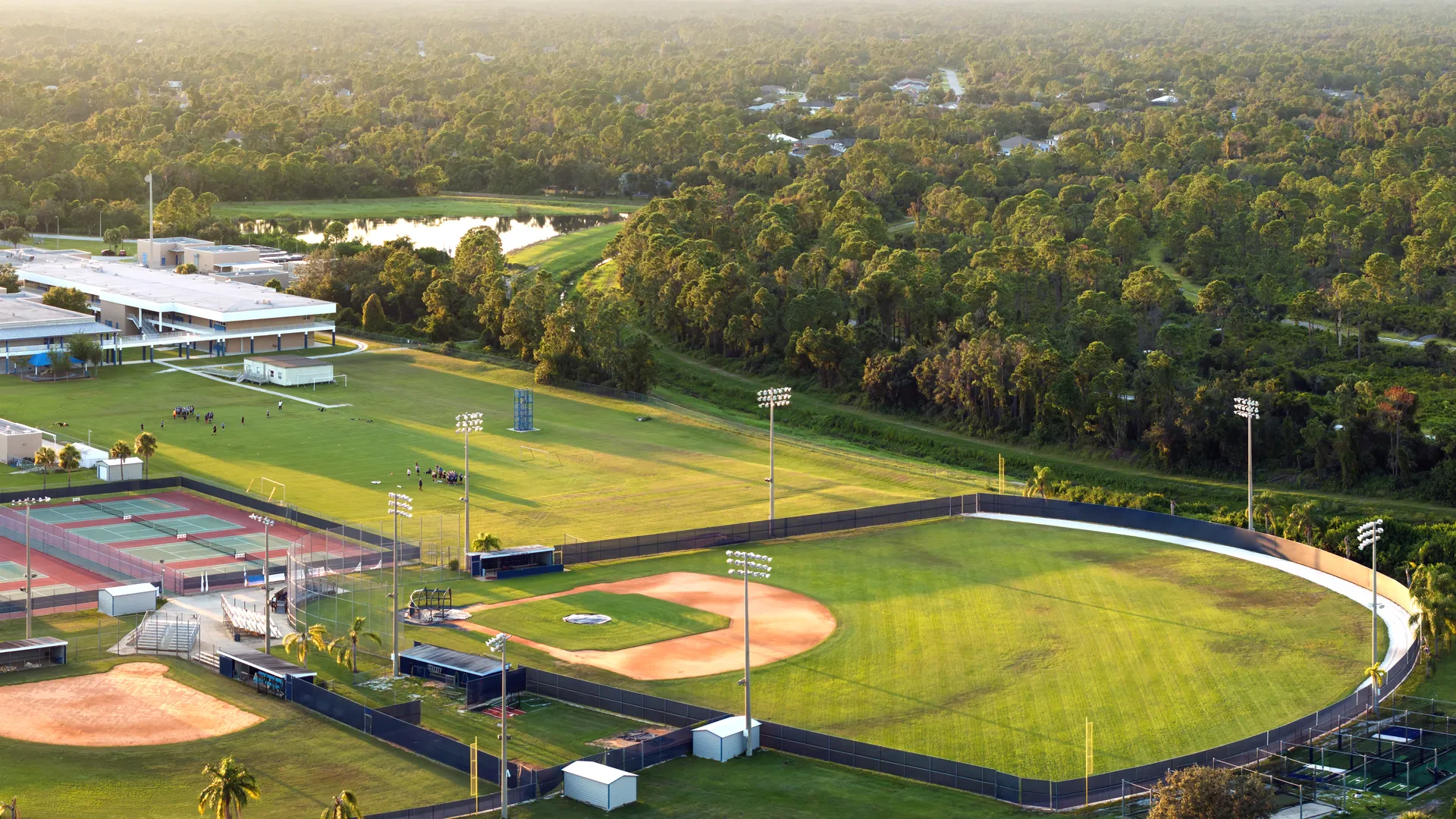 Aerial view of baseball training facility fields and surrounding complex