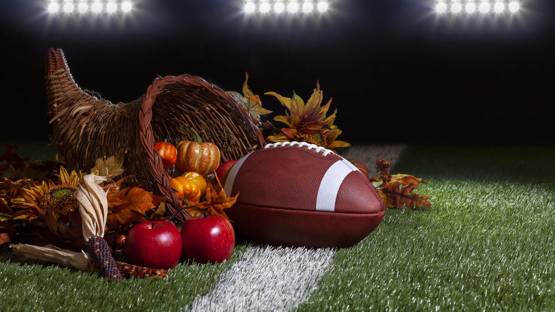 Thanksgiving football on a field under stadium lights