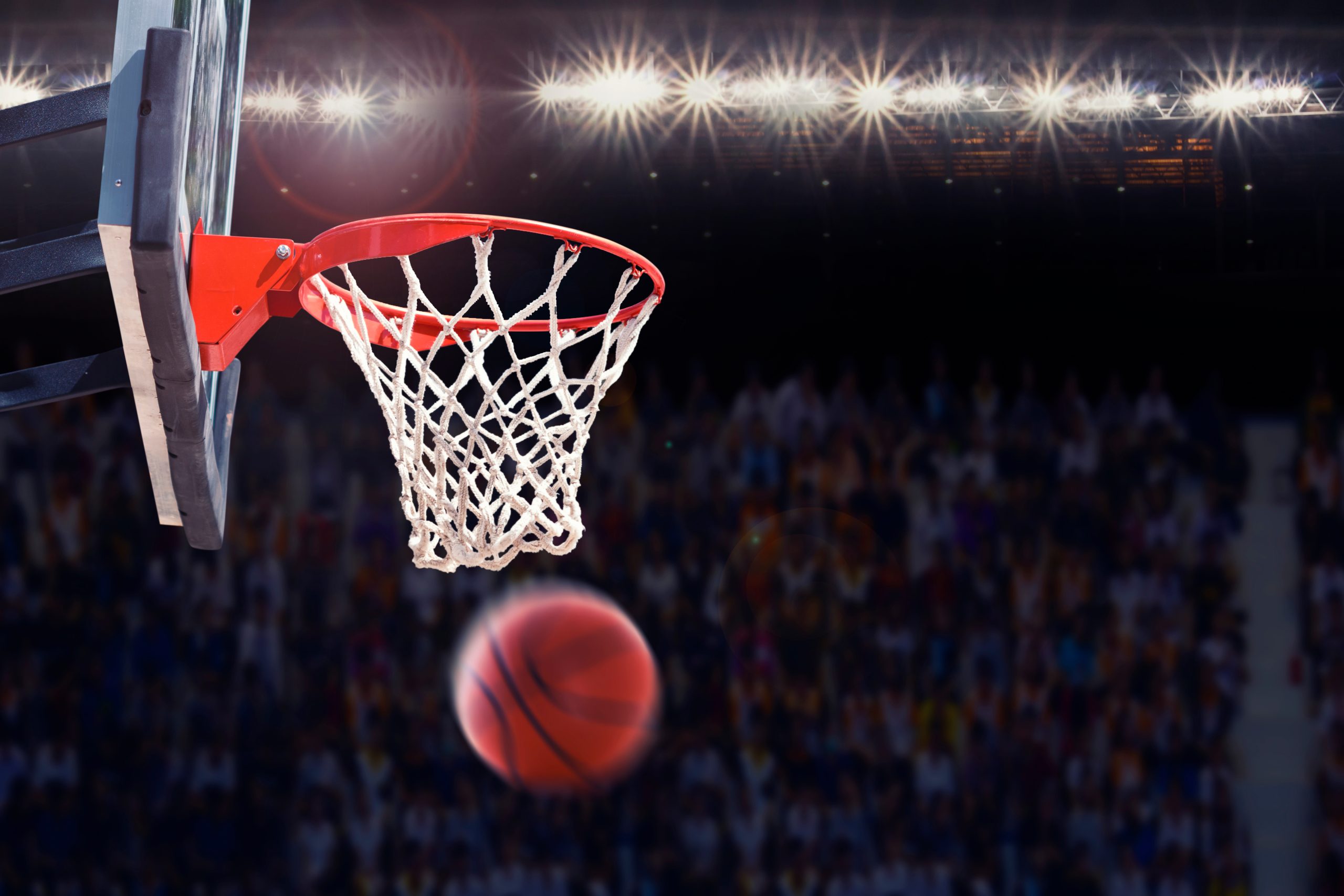 Basketball dropping through the net with a blurred arena crowd behind the rim