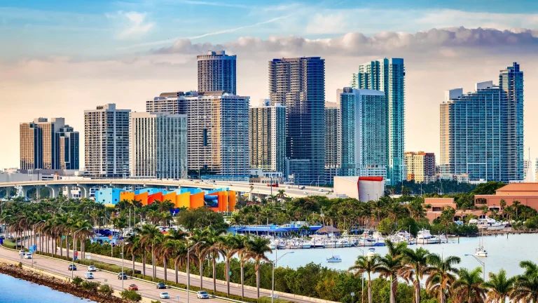 Miami high-rise towers beyond a marina of docked boats, with a palm-lined road and a low, brightly colored building in the foreground, under a pale blue sky with scattered clouds
