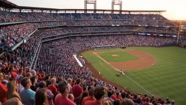 Fans fill the tiered stands around a baseball diamond at a crowded ballpark in warm evening light, with the infield dirt and outfield grass in view